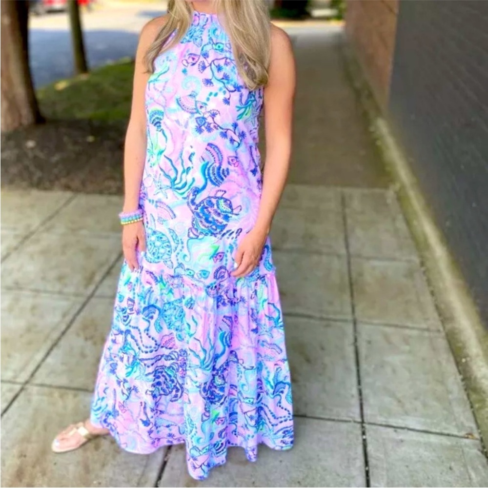 Lilly Pulitzer Maxi Dress Summer Spring Everly Ruffle Pink Purple Blue Sz Small